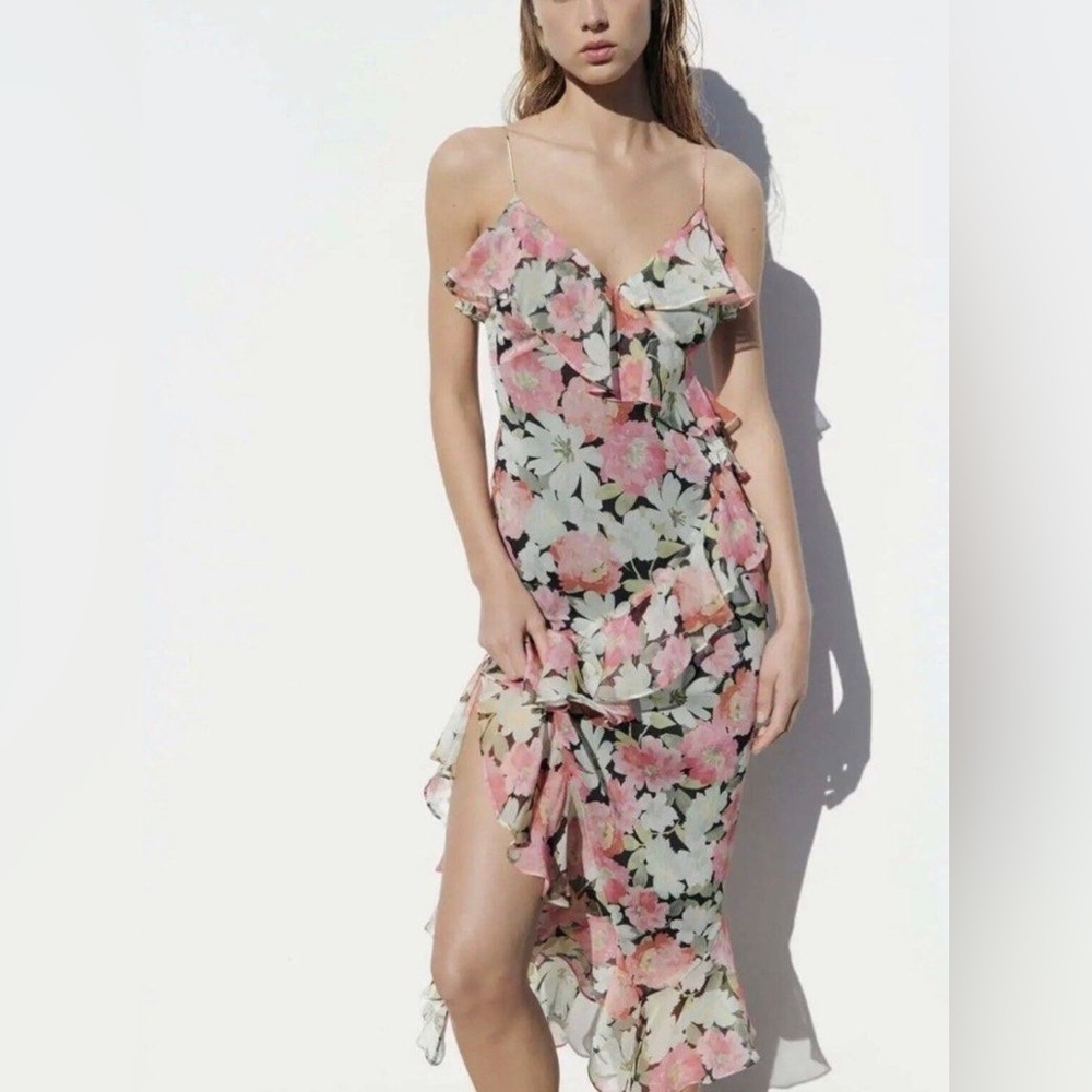 Zara Ruffled Floral Print Asymmetrical Sleeveless Midi Dress | Women’s Medium